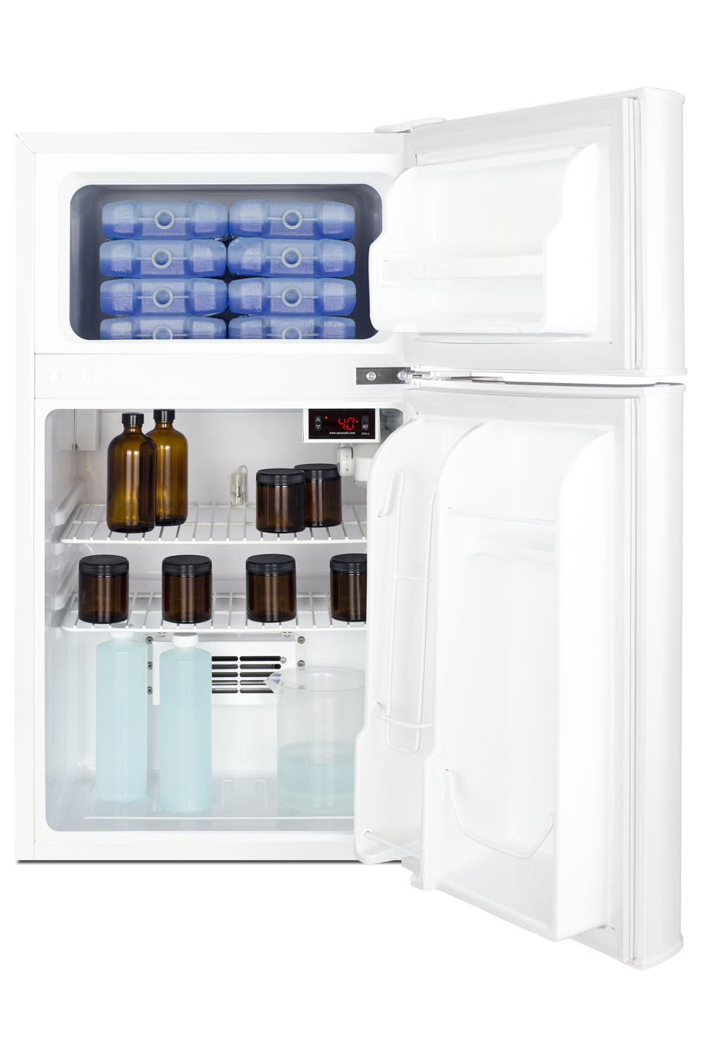 General purpose counter height 2-door refrigerator-freezer with digital refrigerator control, internal fan, and alarm/thermometer
